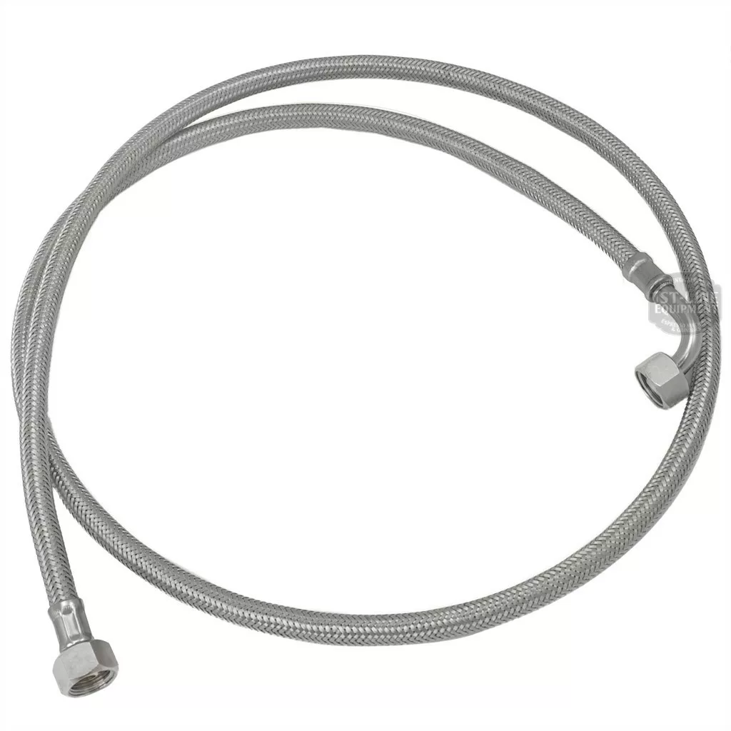 The Lelit 9700022 Direct Plumb In-Line Hose is a flexible, silver braided metal hose with hexagonal fittings at both ends, ideal for direct connections to plumbing or appliances. © 2025 1st-line.com