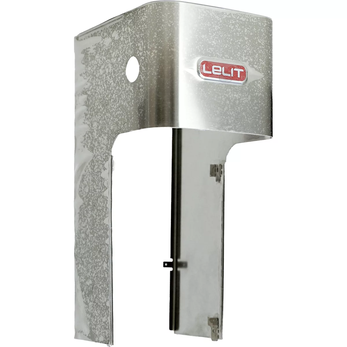 The Lelit MC1400107 Body Panel is a stainless steel side panel with a red and white Lelit logo, featuring a large cutout and a circular hole near the top. © 2025 1st-line.com