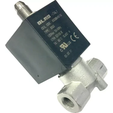 The OLAB 7701120.01 3-Way Solenoid Valve features a metal body, black coil marked “OLAB-ITALY,” operates at 120V, and displays frequency and certification info in white on the unit. © 2025 1st-line.com