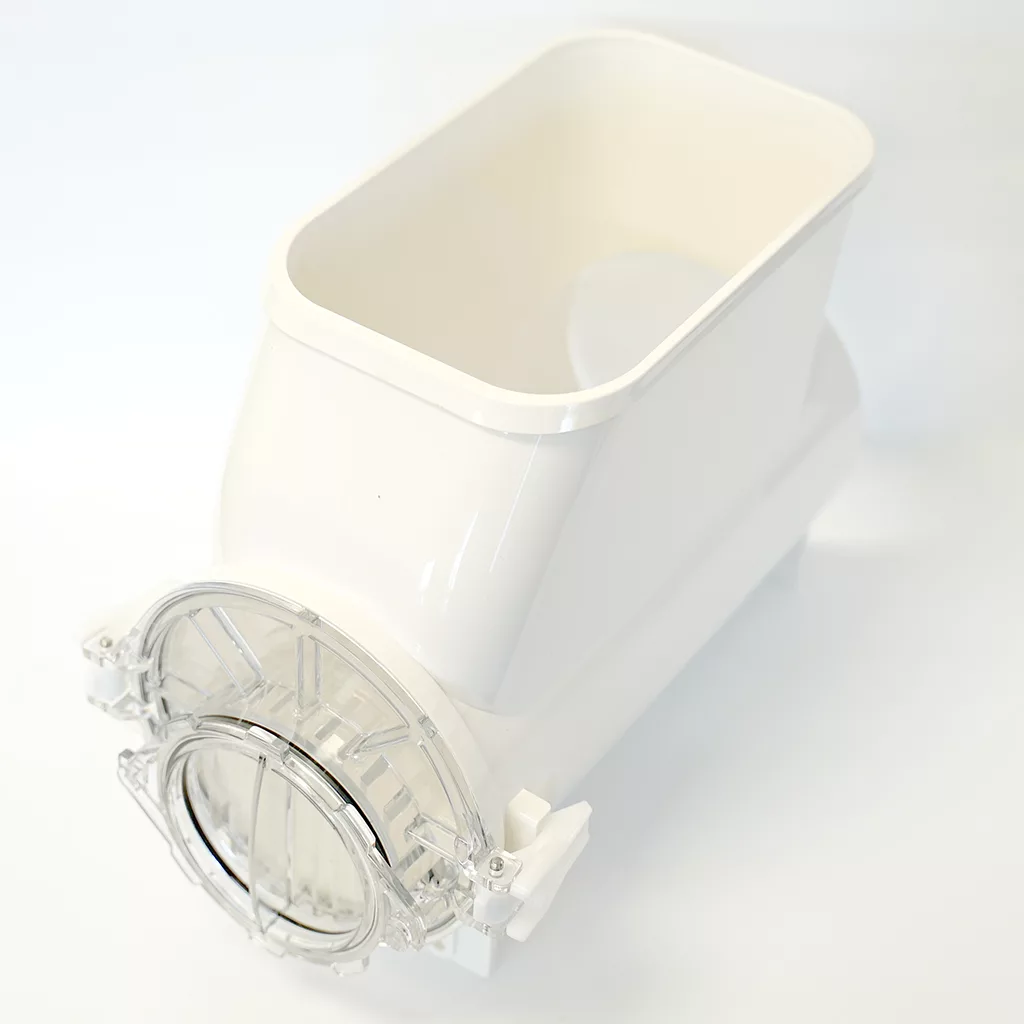 The SPM Conversion Kit for GT Touch to GT LAB Configuration is a white plastic kitchen appliance attachment featuring a rectangular container and a clear round front opening, likely designed for slicing or grating food. © 2025 1st-line.com