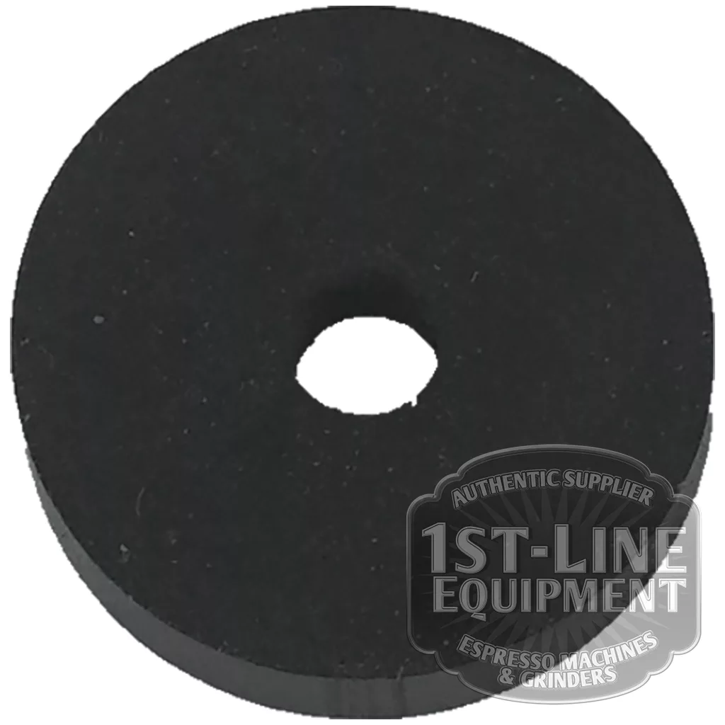 A black, round BE..42 TAP RUBBER GASKET (18x4x4 mm) with a central hole is shown on a white background, with a translucent 1st-Line Equipment logo watermark in the lower right corner. © 2025 1st-line.com