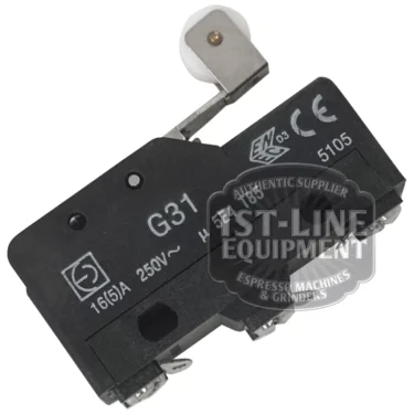 A close-up of a black BE..73 250V 16A MICROSWITCH with metal lever and white roller. Markings include “G31,” “250V~,” “16A,” certification symbols, and the St. Line Equipment logo watermark. © 2025 1st-line.com