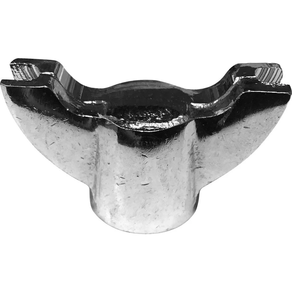 A close-up of a shiny metal Ascaso F..240 Standard 3/8 Curved Dual Portafilter Spout, featuring two flat, wing-like extensions for easy hand tightening—perfect for securing your portafilter. © 2025 1st-line.com