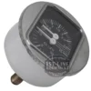 A close-up of the BE.103 DOUBLE SCALE PUMP-BOILER PRESSURE GAUGE features a black dial with white markings, two white needles, metallic rim, brass base connector, and a 1ST-LINE EQUIPMENT label on the front. © 2025 1st-line.com