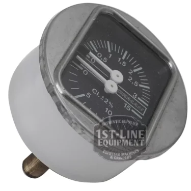 A close-up of the BE.103 DOUBLE SCALE PUMP-BOILER PRESSURE GAUGE features a black dial with white markings, two white needles, metallic rim, brass base connector, and a 1ST-LINE EQUIPMENT label on the front. © 2025 1st-line.com