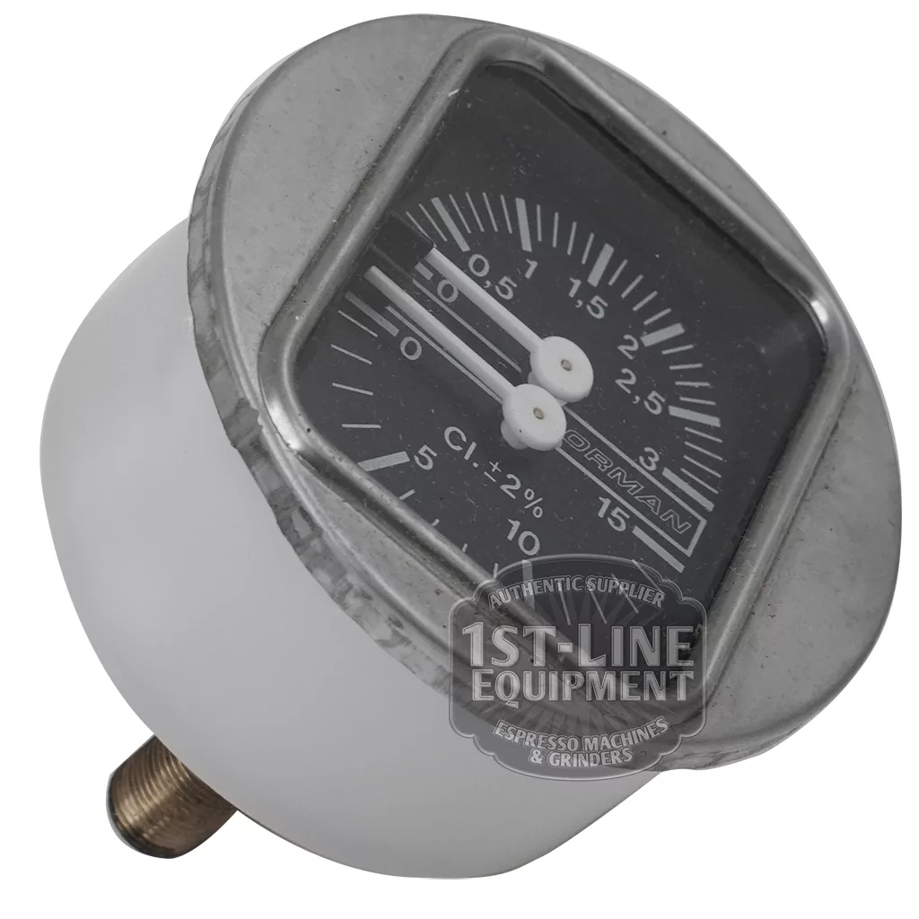 A close-up of the BE.103 DOUBLE SCALE PUMP-BOILER PRESSURE GAUGE features a black dial with white markings, two white needles, metallic rim, brass base connector, and a 1ST-LINE EQUIPMENT label on the front. © 2025 1st-line.com