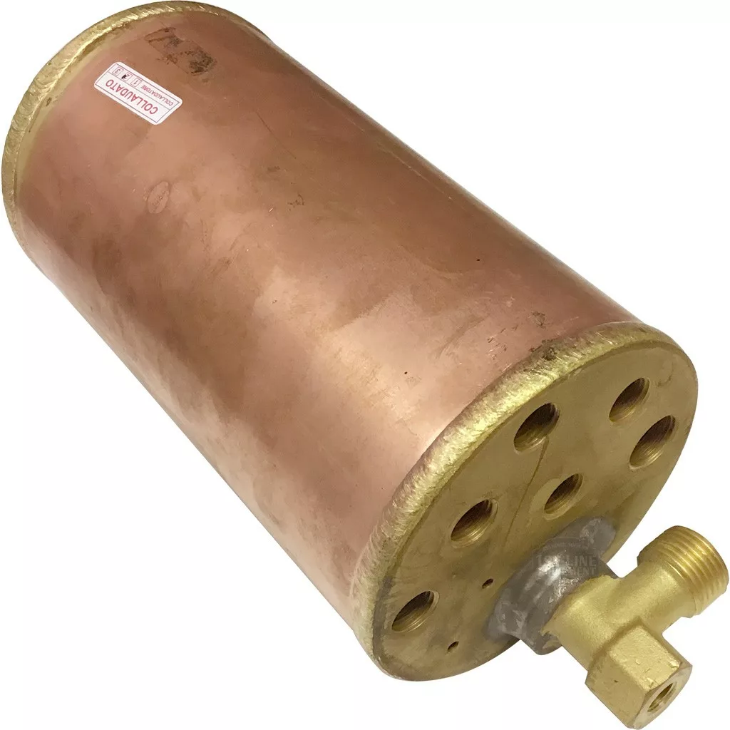 A cylindrical copper filter drier with brass end caps, used in refrigeration, HVAC systems, or as part of the DISCONTINUED Lelit MC921 1.4 L Copper Boiler w/ HX Tube espresso machine. © 2025 1st-line.com