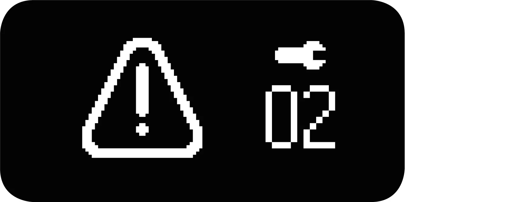 A digital display showing a white triangle with an exclamation mark inside, next to the number 02 and a small battery icon on a black background—an example of LCC Error Codes found on the Lelit Bianca. © 2025 1st-line.com