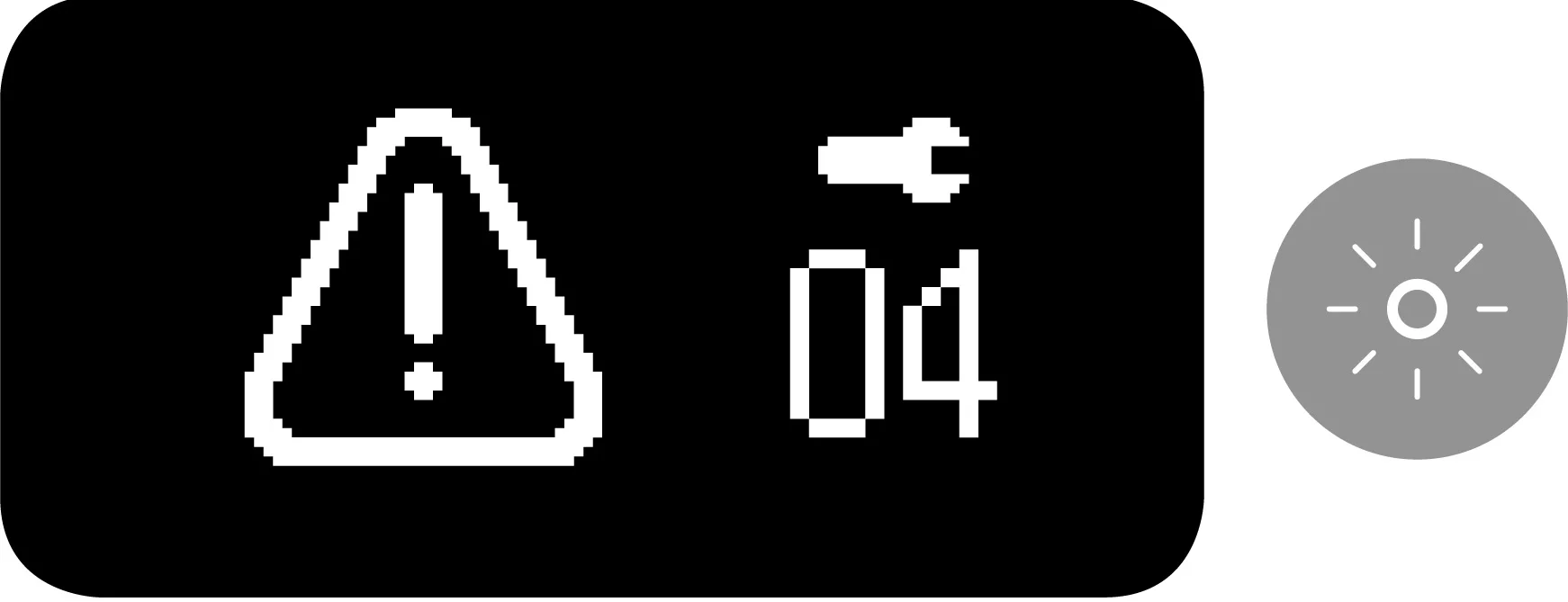 A digital display shows a warning triangle with an exclamation mark, a wrench icon, and code 04—one of the Lelit Bianca LCC Error Codes. Next to it is a gray symbol resembling a light or indicator with rays. © 2025 1st-line.com