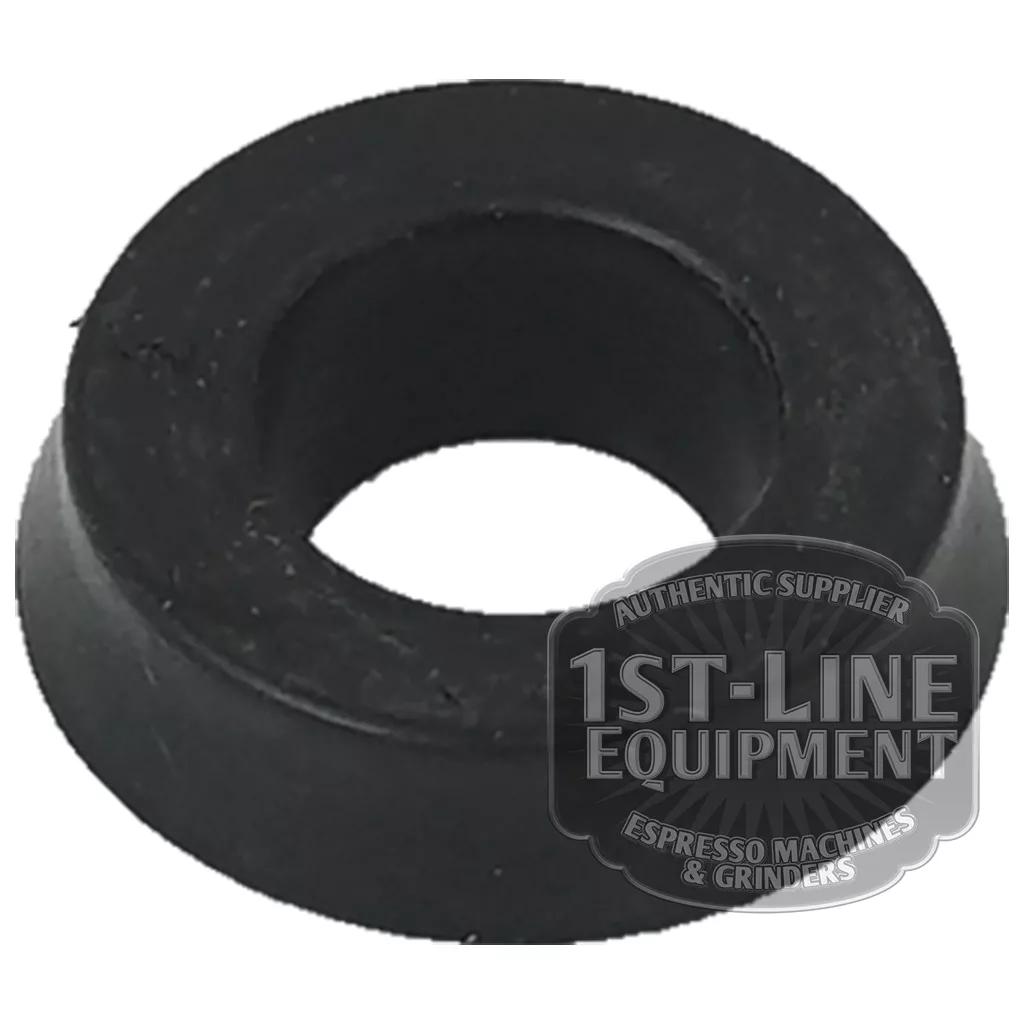 A DISCONTINUED AS..42 Water Inlet Rubber Gasket, black rubber with a center hole, is shown against a white background. The 1st-Line Equipment Espresso Machines & Grinders logo partially overlays the bottom right corner. © 2025 1st-line.com