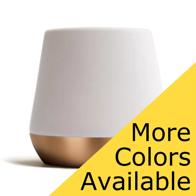 A modern, minimalist tumbler inspired by Fellow Joey Junior Double Wall Ceramic Mugs - 2 oz, Set of 2. Matte white top, metallic gold base. Yellow triangle on the side reads “More Colors Available.”. © 2025 1st-line.com