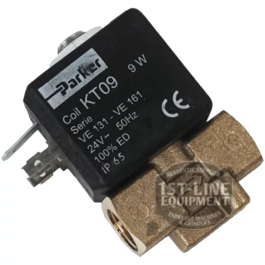 A PARKER SOLENOID AZ..61 1/4X1/4 2W 24VAC valve with a black coil and brass body, featuring an IP65 rating, is shown on a white background. © 2025 1st-line.com