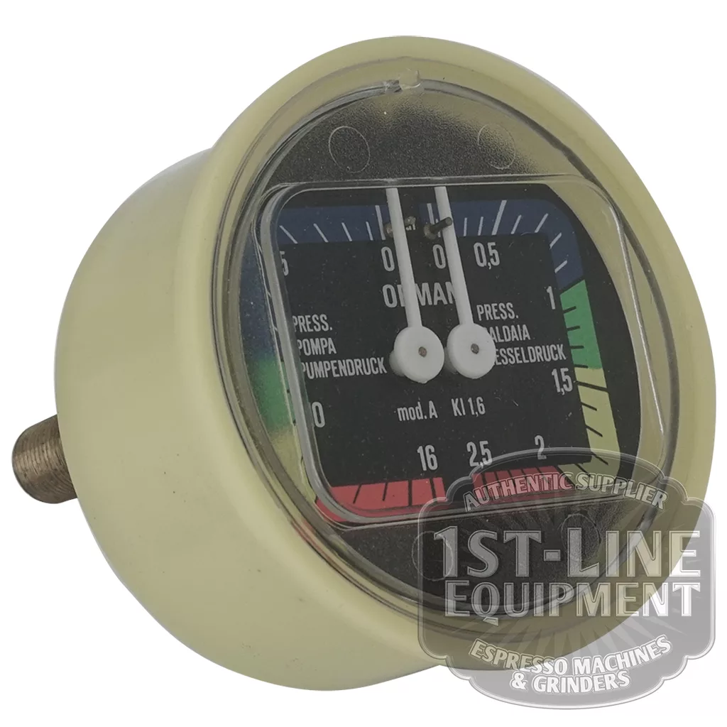 A round Astoria DIVINA DOUBLE MANOMETER pressure gauge features a cream-toned case, two needles, a multicolored scale with multilingual text and numbers, and the partially overlaid 1st-Line Equipment logo in the lower right. © 2025 1st-line.com