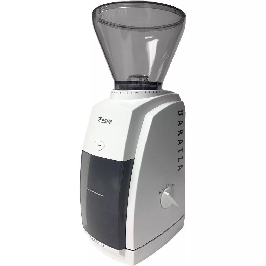 A white Baratza Encore Espresso Coffee Grinder with a transparent bean hopper on top, a black grounds bin in front, and a side control knob, shown against a plain white background. © 2025 1st-line.com