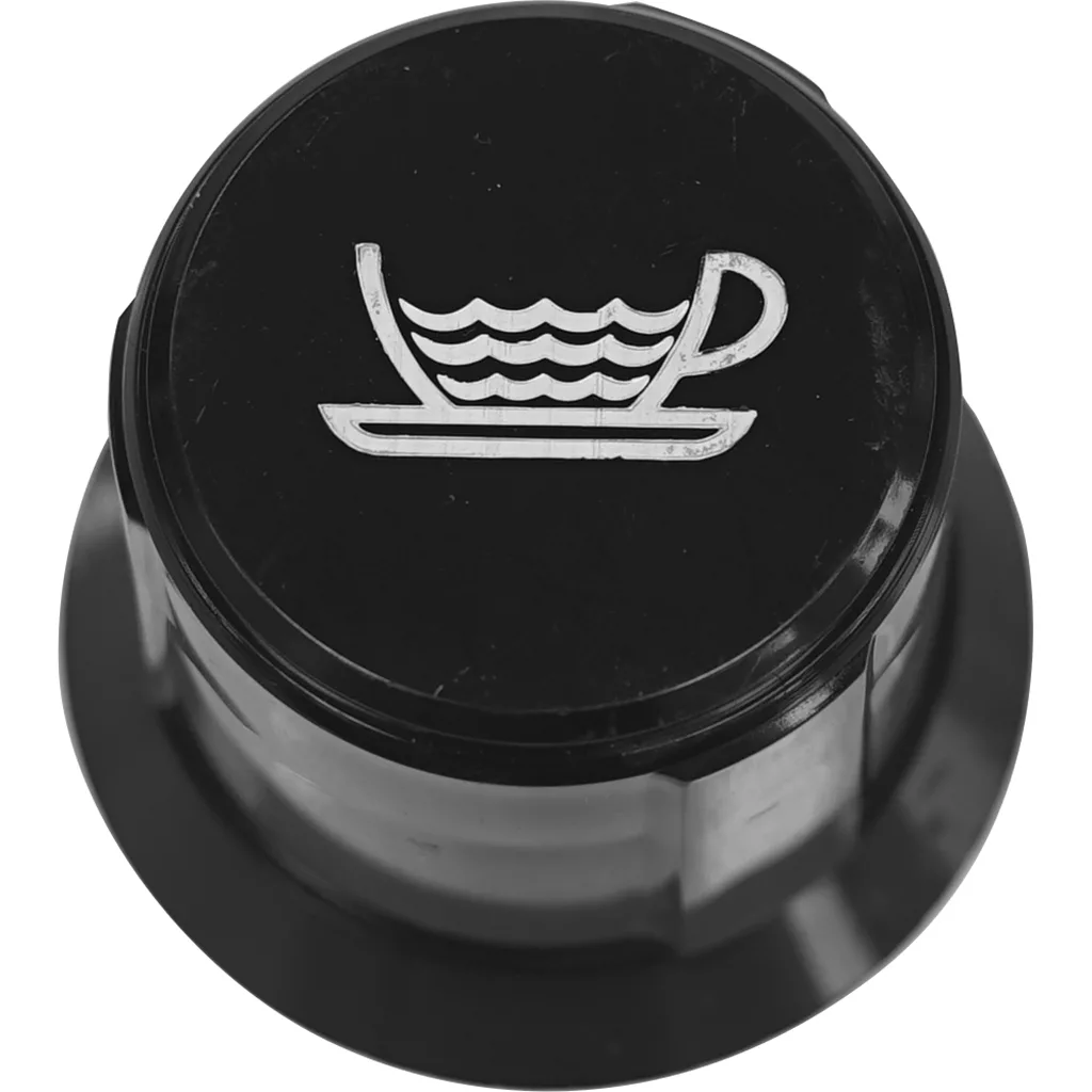 Bezzera HOT WATER HANDLE: Black circular button with a white cup and saucer icon and wavy lines for hot beverage—perfect as a hot water control or indicator, commonly used on Bezzera coffee or tea machines. © 2025 1st-line.com