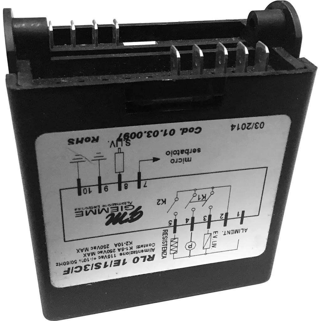 Black and white photo of the DISCONTINUED Isomac 000113 115V Brain Unit, showing terminal pins, a wiring diagram, specs, and connection instructions on the front panel. © 2025 1st-line.com