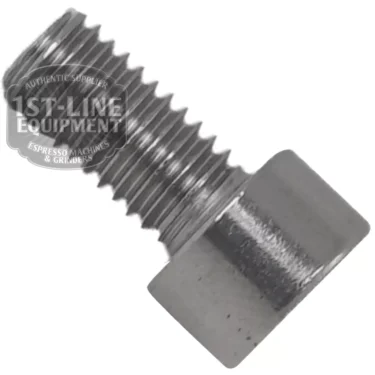 Close-up of AS..51 STAINLESS STEEL SCREW M5x10mm hex socket cap with visible threads on a white background, partially overlaid by the 1st-Line Equipment logo. © 2025 1st-line.com