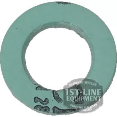 The AS.114 ALIMENTARY GASKET is a light green flat washer with a central round hole and black markings along the edge; the “1st-Line Equipment” logo appears partly in the lower right corner. © 2025 1st-line.com