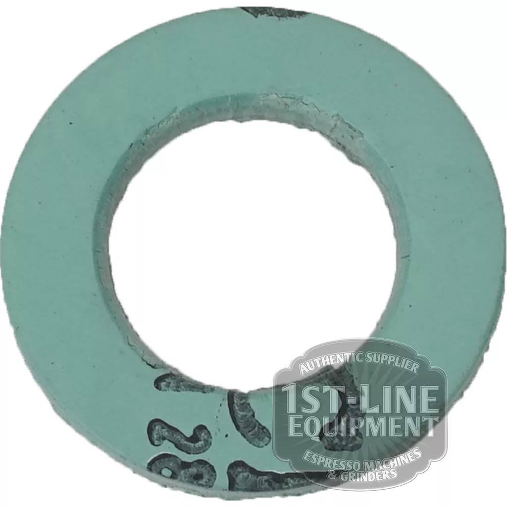 The AS.114 ALIMENTARY GASKET is a light green flat washer with a central round hole and black markings along the edge; the “1st-Line Equipment” logo appears partly in the lower right corner. © 2025 1st-line.com
