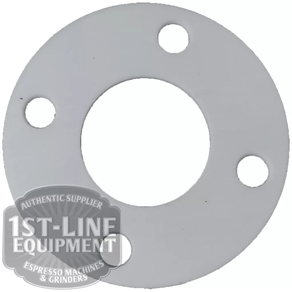 The AS.199 DIVINA PTFE GROUP GASKET is a round, flat, white PTFE gasket with one large center hole and four smaller holes. A transparent 1st-Line Equipment logo appears at the bottom left. Suitable for DIVINA espresso machines. © 2025 1st-line.com