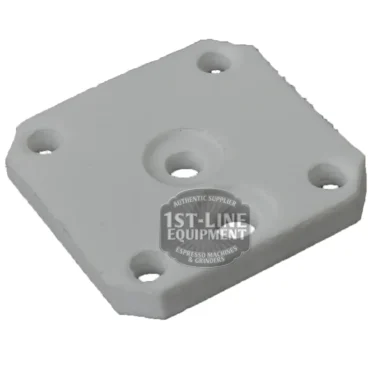 The AS.223 PTFE Solenoid Gasket is a square white PTFE plate with five holes—one in the center and one near each corner—displayed on a white background, slightly raised and featuring the 1st-Line Equipment watermark. © 2025 1st-line.com
