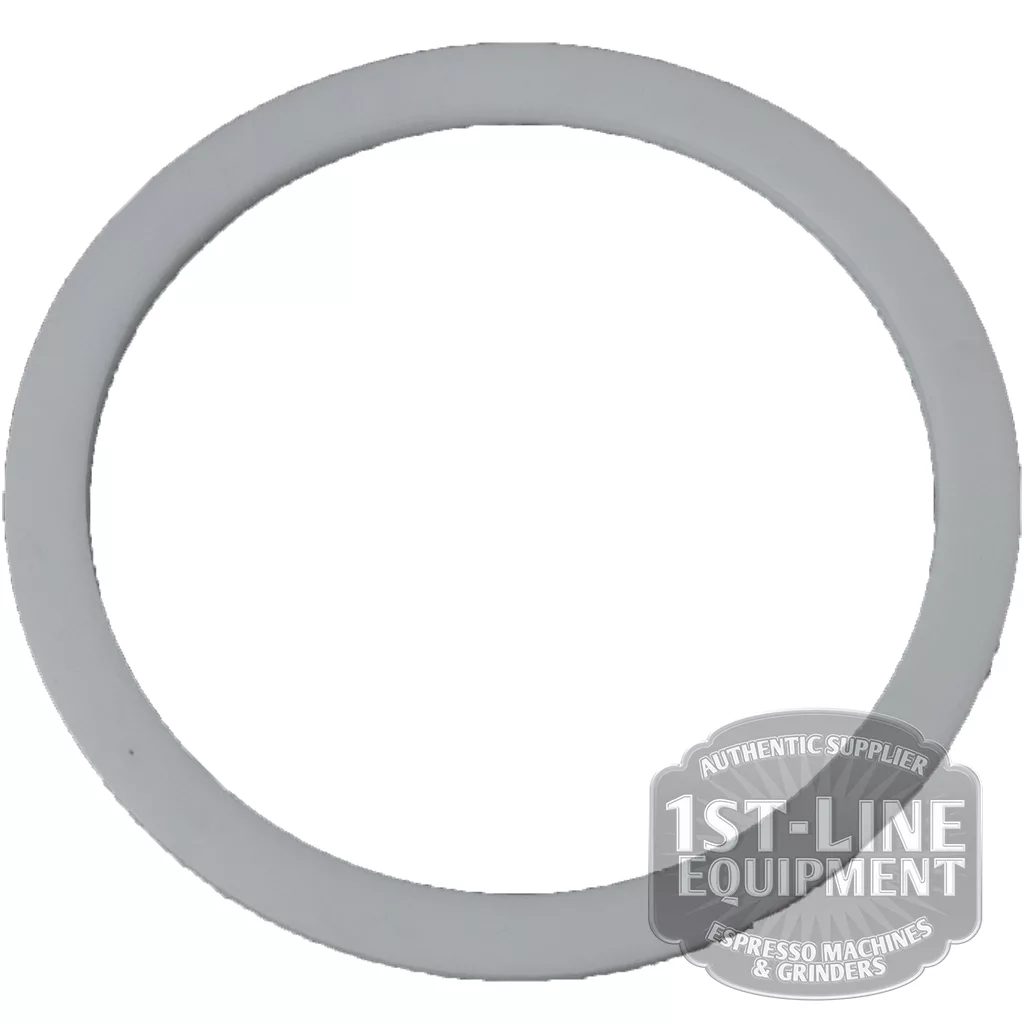 The AS.249 PTFE GASKET 72x61x2mm is a white circular gasket, often used for sealing espresso machine components, featuring a 1st-Line Equipment logo in the lower right corner. © 2025 1st-line.com