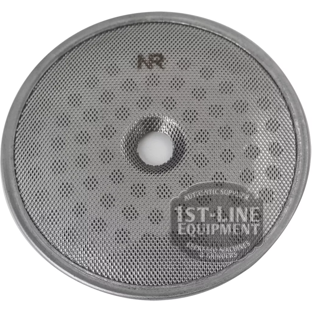 The AS..54 52.5MM SHOWER SCREEN is a circular metal mesh filter with a small central hole, evenly spaced tiny holes, “NR” at the top, and a 1st-Line Equipment logo at the bottom right. © 2025 1st-line.com