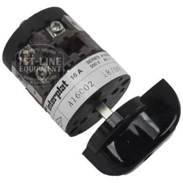 The AS..57 2 POS.16A rotary switch by GENERAL SWITCH has a black plastic knob separated from the cylindrical body, exposing the metal shaft and terminals. The body displays labels and technical details. © 2025 1st-line.com