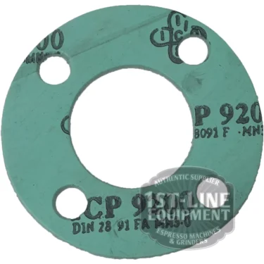 The AS..83 GROUP ALIMENTARY GASKET 88X40X2mm is green and round with four holes, black printed text (CP 920, DIN 28 91 FA), a faint ESPRESSO MACHINE & GRINDERS watermark, and a partial logo at the top. © 2025 1st-line.com