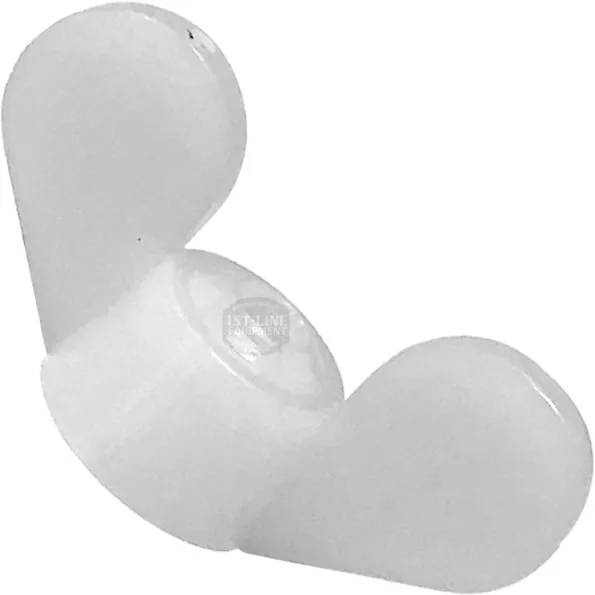 The Ascaso I.3938 Screw Nut is a white plastic child safety lock with two rounded ends and a central hinge, designed to secure cabinets or drawers on Ascaso models for enhanced protection. © 2025 1st-line.com