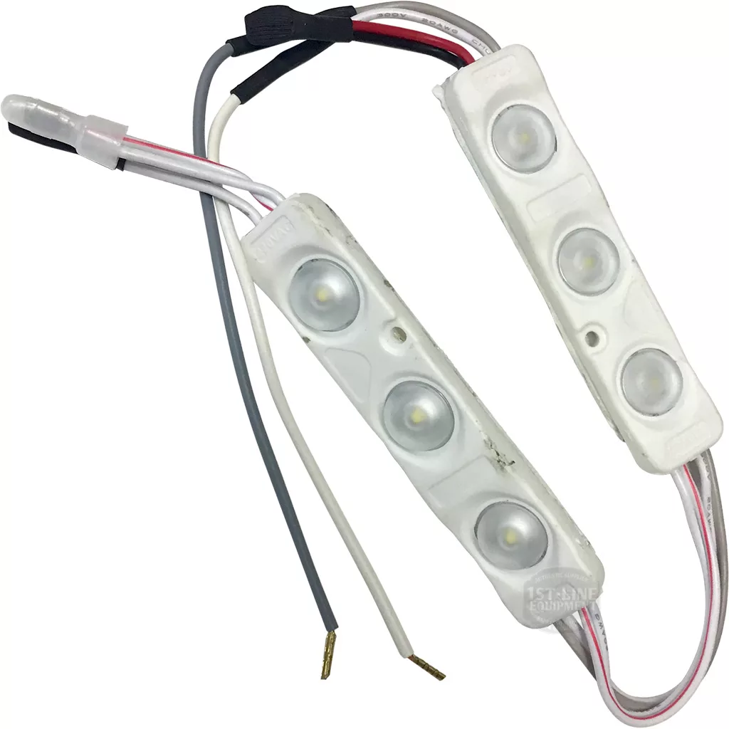 The Ascaso I.4163 Grouphead Lighting features two white LED modules with three round bulbs each, connected by wires and bundled ends—ideal for electronic projects or enhancing your Ascaso machine’s grouphead illumination. © 2025 1st-line.com