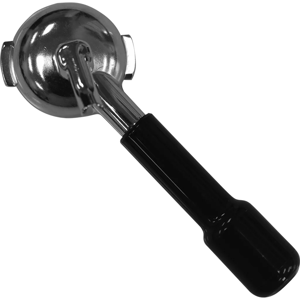 The Astoria 1 COFFEE FILTERHOLDER, featuring a black handle and designed for holding coffee grounds in espresso machines, is displayed against a white background. © 2025 1st-line.com