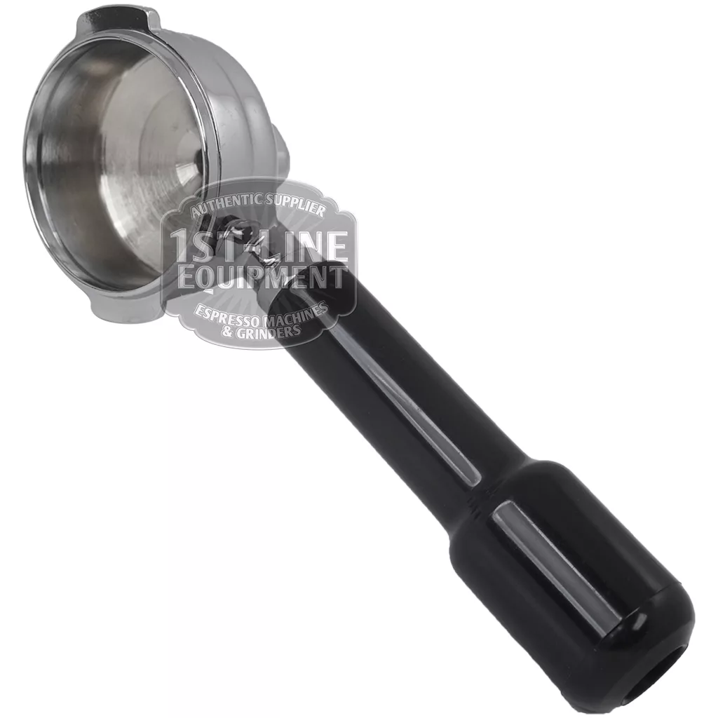 The Astoria 1 COFFEE FILTERHOLDER, featuring a shiny metal basket and black handle, is displayed on a white background—an essential espresso accessory. © 2025 1st-line.com