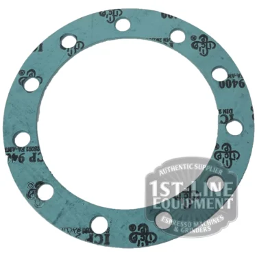The Astoria ALIMENTARY BOILER GASKET is a flat, circular green gasket with ten evenly spaced holes and printed text. The bottom right shows a partially transparent 1st-Line Equipment logo. © 2025 1st-line.com