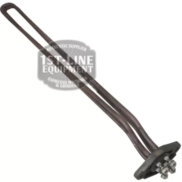 The Astoria AS..97 RESISTANCE 3GR. 3700W 110V is a metal heating element with three prongs and a mounting plate, designed for Astoria espresso machines, shown on a white background. © 2025 1st-line.com