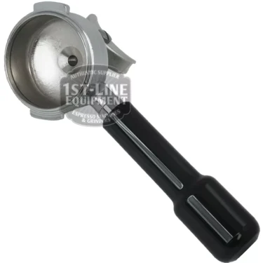 The ASTORIA MODERN 2-CUP FILTERHOLDER, a metal espresso portafilter with a black handle and empty upward-facing basket, rests on a white background. A 1st-line Equipment watermark is also visible. © 2025 1st-line.com