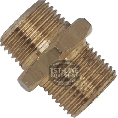 The BE.102 VALVE NUT is a brass double-threaded male pipe fitting with a hexagonal center, commonly used to connect two pipes. It is shown against a white background with the 1st-Line Equipment watermark. © 2025 1st-line.com