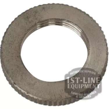 The BE.104 LEVEL CAP metal grinder burr features a ridged edge and wide center opening, displayed on a white background with a semi-transparent 1st-Line Equipment logo and model marking in the lower right corner. © 2025 1st-line.com