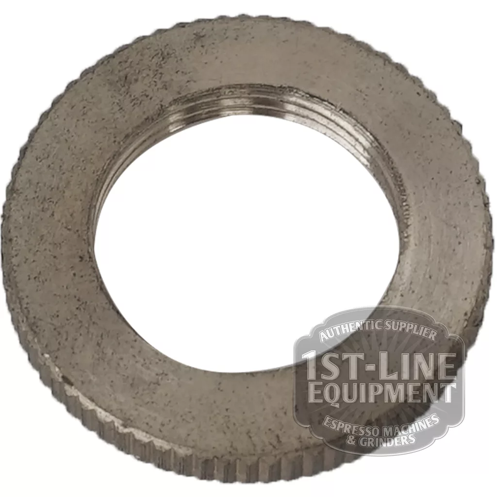 The BE.104 LEVEL CAP metal grinder burr features a ridged edge and wide center opening, displayed on a white background with a semi-transparent 1st-Line Equipment logo and model marking in the lower right corner. © 2025 1st-line.com