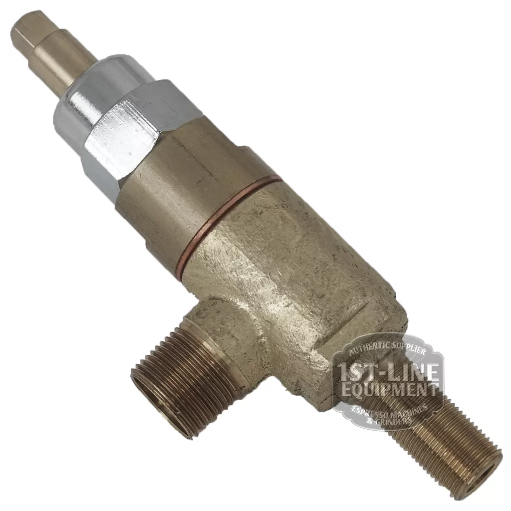 The BE.118 MODERN COMPLETE STEAM AND WATER TAP, featuring a brass boiler safety valve with threaded ends and hex adjustment, is shown on a white background with the 1st-Line Equipment watermark near the bottom right. © 2025 1st-line.com