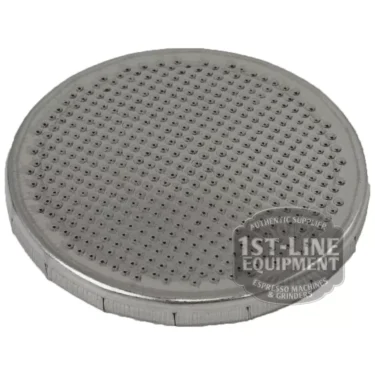 The BE.132 LEVER SHOWER SCREEN is a round metal screen with many small holes for evenly distributing water over coffee grounds, featuring the 1st-Line Equipment logo in the lower right corner. © 2025 1st-line.com