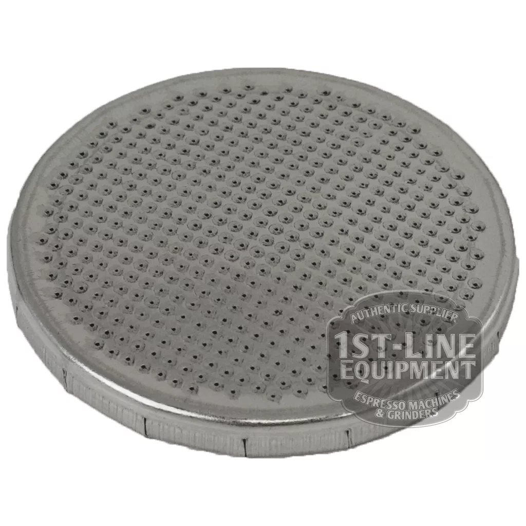 The BE.132 LEVER SHOWER SCREEN is a round metal screen with many small holes for evenly distributing water over coffee grounds, featuring the 1st-Line Equipment logo in the lower right corner. © 2025 1st-line.com