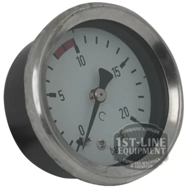 The BE..76 SINGLE SCALE PUMP PRESSURE GAUGE features a metal rim, displays 0–20 bar, with a red warning zone from 13–15 bar. The gauge needle points to zero and the branding 1st-Line Equipment is prominently shown. © 2025 1st-line.com