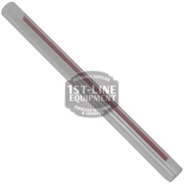 The BE..77 LEVEL PIPE, a clear glass tube with a red vertical line, serves as a water level gauge for espresso machines and is shown on a white background. © 2025 1st-line.com