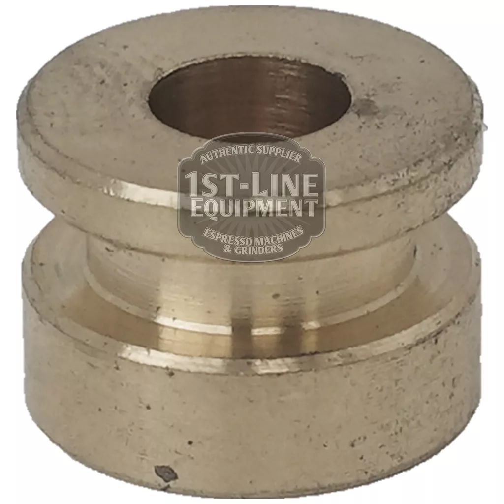 The BE..92 STEAM PIPE CAP is a brass cylindrical spacer with a central hole and grooved sides, typically used in espresso machines. Photographed on a white background with the 1st-Line Equipment watermark visible. © 2025 1st-line.com