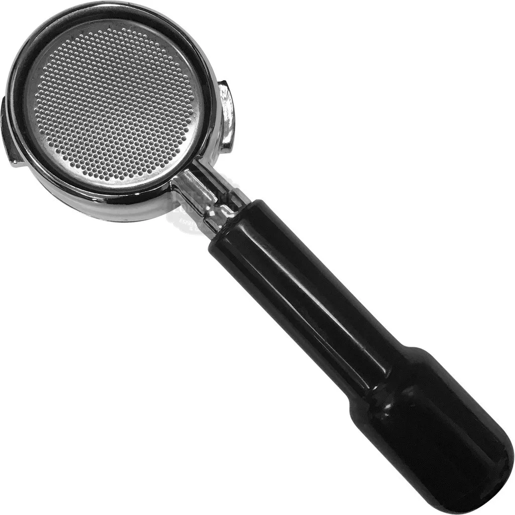 The DISCONTINUED 1st-line 3-Cup 58mm Bezzera Bottomless Portafilter with a black handle is displayed from above on a white background, showcasing its circular filter basket with fine holes for coffee brewing. © 2025 1st-line.com