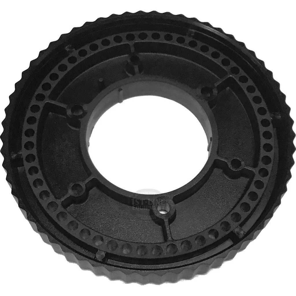The ECM G1077 Plastic Ring Gear is a black, round gear made of plastic with a ridged edge and multiple holes and indentations, designed for use as an ECM Gear or in ECM G1077 applications. © 2025 1st-line.com
