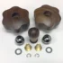 The Lelit PLA2200 Wood Steam/Hot Water Knob Kit for PL62 Mara models is arranged neatly on a white background, showing two dark wood flower knobs, a small wood knob, two metal spheres, brass cones, washers, and C-clips. © 2025 1st-line.com