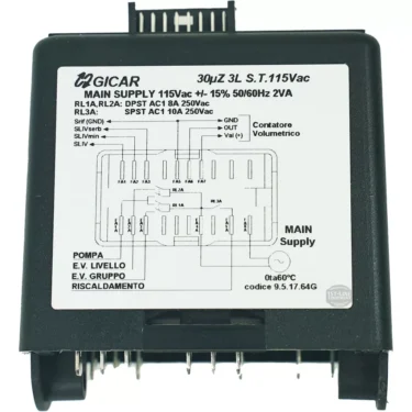 The Pasquini Livia G4 Brain Unit 9.5.17.64G is a black electronic control module labeled with wiring diagram, voltage, relay, supply specs, and connector pins details—features Gicar branding at the top left. © 2025 1st-line.com