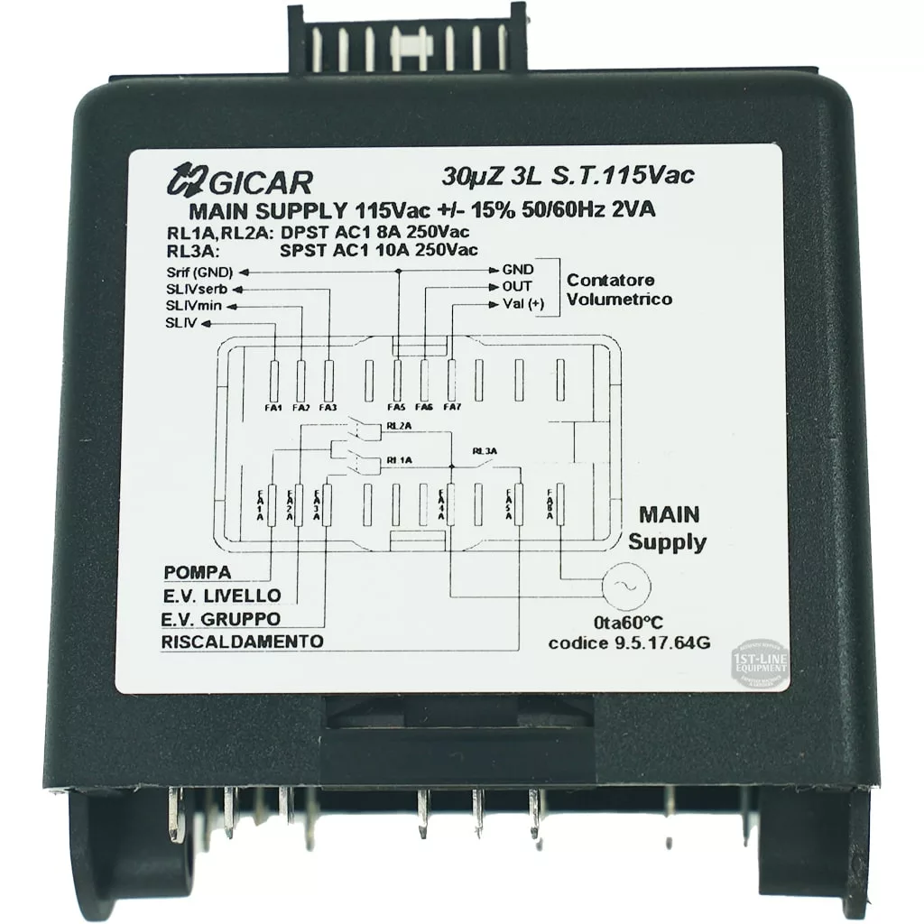 The Pasquini Livia G4 Brain Unit 9.5.17.64G is a black electronic control module labeled with wiring diagram, voltage, relay, supply specs, and connector pins details—features Gicar branding at the top left. © 2025 1st-line.com